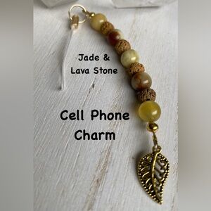 Jade and Lava Stone Cell Phone Charm with Gold Leaf